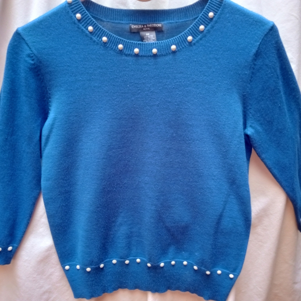 Chelsea & Theodore Vibrant Blue Sweater with Pearl Details